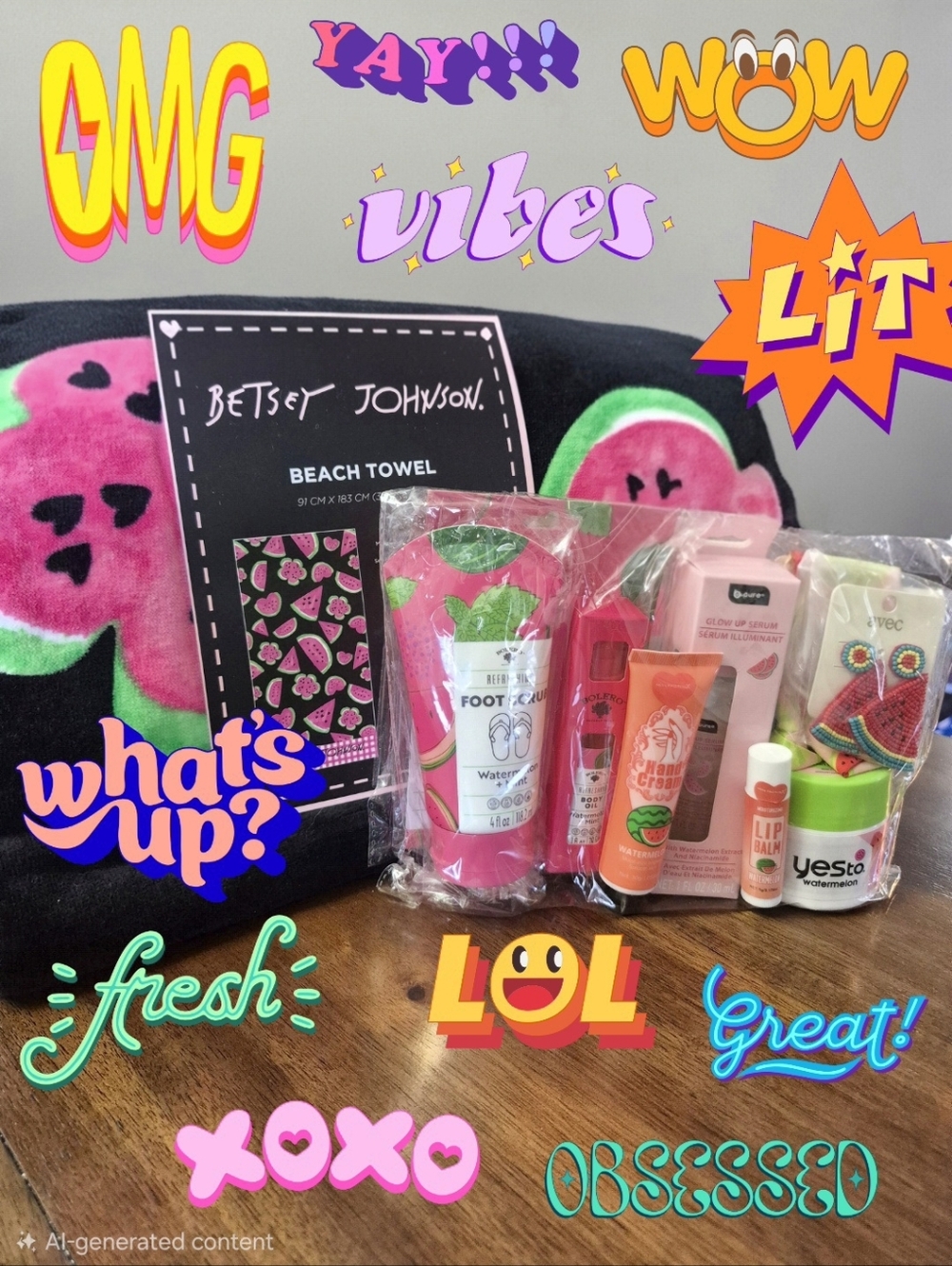 Betsey Johnson Watermelon Beach Towel With Self Care Watermelon Scented Gift Set